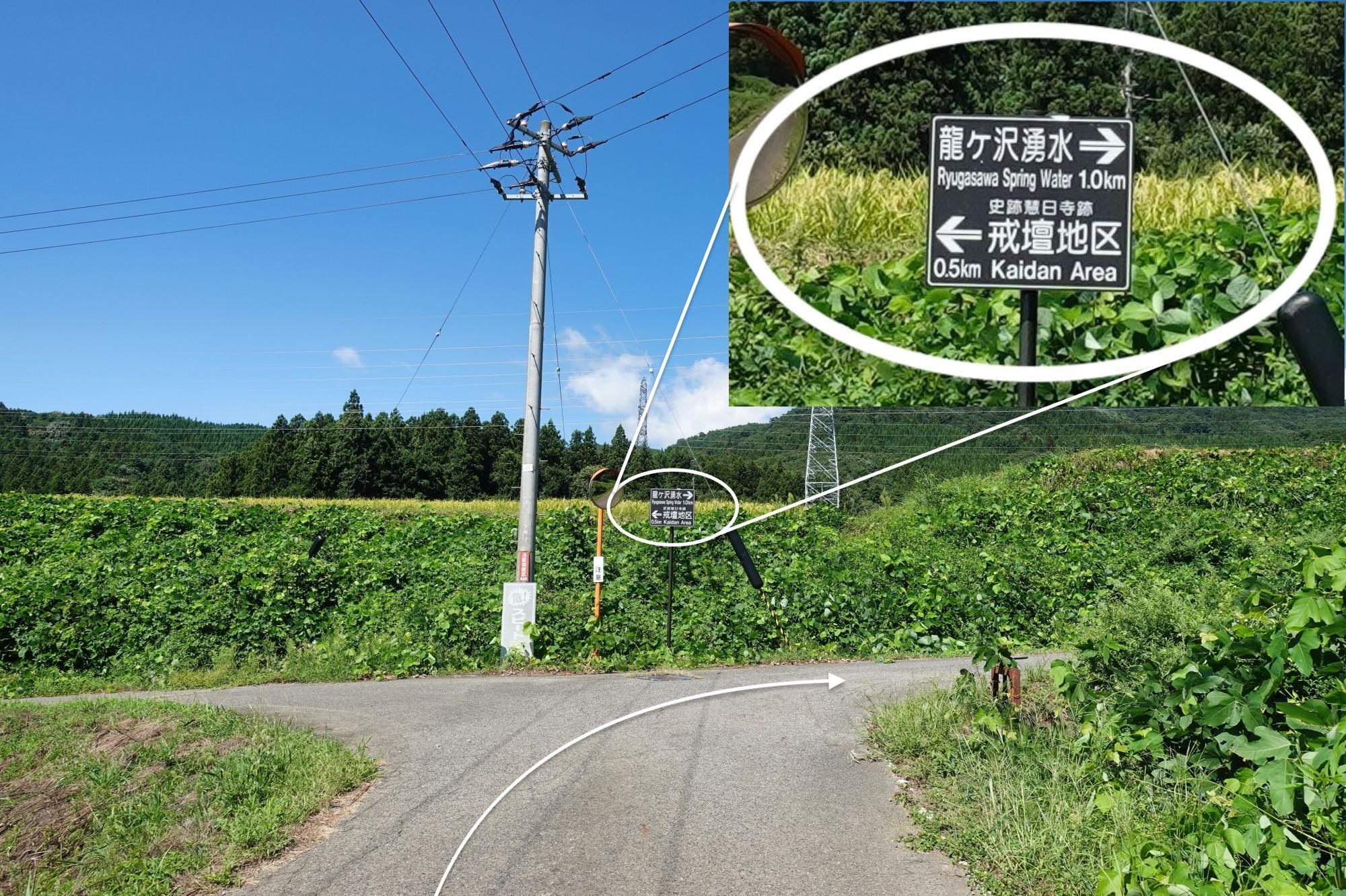 龍ヶ沢湧水ルート 突き当たりを右折